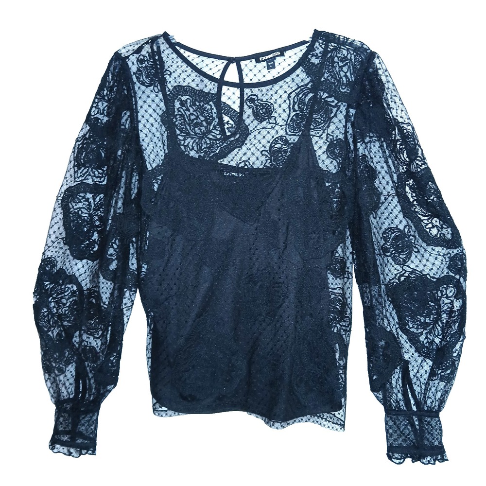 Express Women Crochet Lace Top Large Black Ballon Sleeve Dark Romantic Witchy